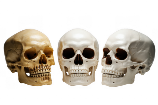 Three human skulls on black isolated on a transparent background