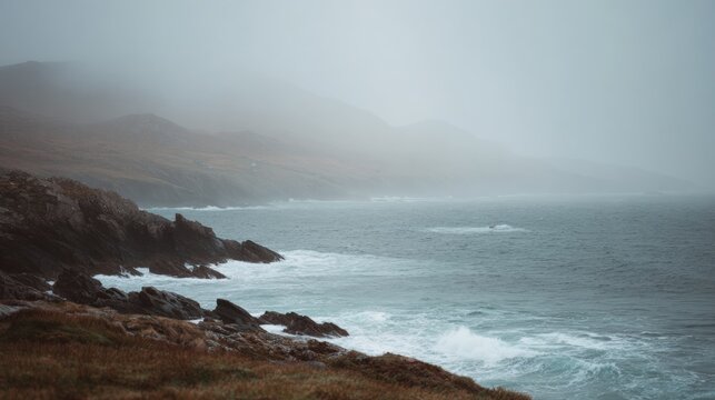 Landscape photograph of a rocky coastline. the sky is overcast and the water is choppy with small waves crashing onto the shore.