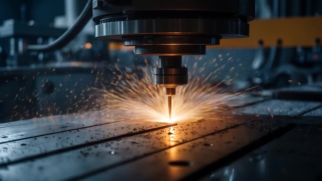 Close-up of metal cutting machine with sparks flying precision machining process in a dimly lit factory environment showing intricate details of the metalwork on a smooth table surface