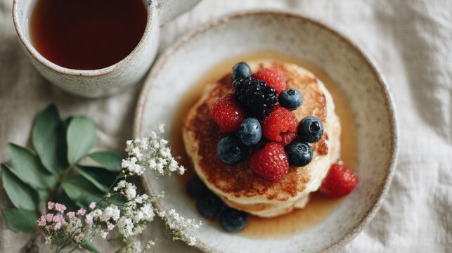 Stack of pancakes on a white plate with a drizzle of syrup on top. the pancakes are golden brown and appear to be freshly made.