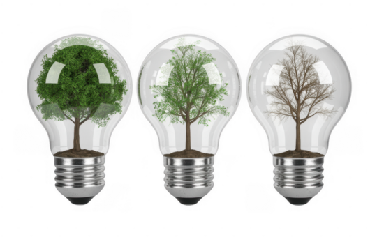 Three light bulbs with trees isolated on a transparent background