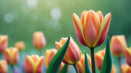 Close-up of vibrant orange and yellow tulips with droplets showcasing blooming flowers in a lush green garden during soft natural light with a blurred background of more tulips - Powered by Adobe