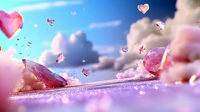 Pink heart-shaped crystals and gemstones are scattered and floating in a dreamlike environment with a sparkling purple ground and a blue sky with clouds.