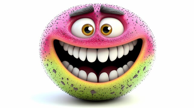Round, fuzzy, multicolored animated creature displays an exaggerated joyful expression with a wide, toothy grin