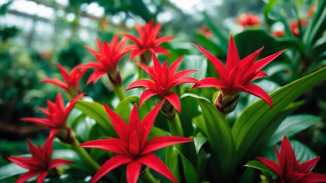 Close-up of vibrant red bromeliad flowers with glossy green leaves in a lush indoor garden showcasing rich colors and natural textures under soft diffused light highlighting the beauty of botanical