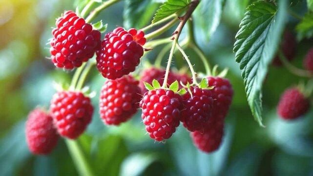 Close-up of vibrant red raspberries hanging from green leaves showcasing soft natural light and lush greenery highlighting the ripeness and texture of the berries in a garden setting