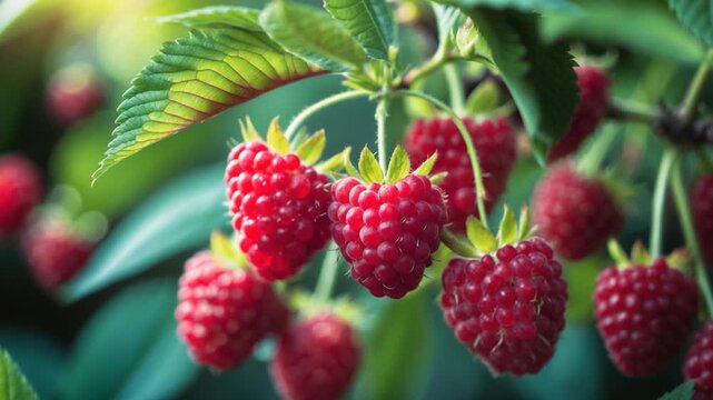 Close-up of ripe red raspberries hanging from lush green branches under soft natural light showcasing vibrant colors and healthy foliage in an outdoor garden setting