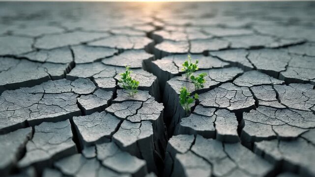 Close-up of small green plants emerging from cracked dry earth in a barren landscape with textured ground illuminated by warm sunlight during daytime