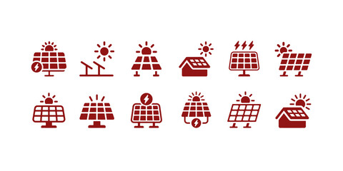 Set of solar panel icons representing clean energy, photovoltaic systems and sun-powered electricity. Solid vector icons collection.