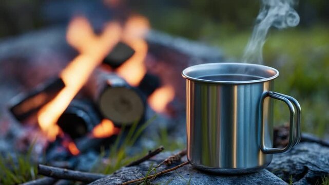 Close-up of a steaming metal mug placed on a stone surface beside a crackling campfire with blurred logs and vibrant green grass in a natural outdoor setting during soft warm light