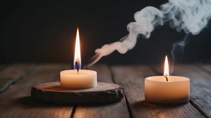 Two flickering candles with smoke rising against a dark background set on a rustic wooden surface showcasing warm light and contrasting shadows - Powered by Adobe
