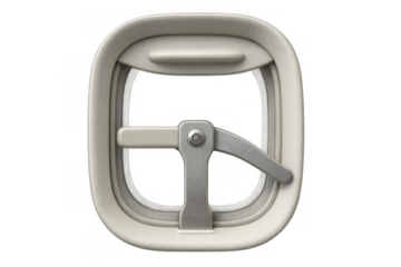 Airplane window with closing mechanism, an opening for viewing during travel and flight, isolated on transparent