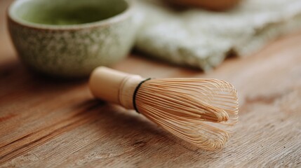 Close-up of a bamboo whisk on a wooden surface. the whisk is made of bamboo and has a cylindrical shape with a handle on one end.