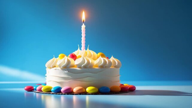 Celebratory cake with candle on a blue background colorful candies surrounding the base soft lighting enhances dessert texture and details shot changes from beginning to end of a festive occasion