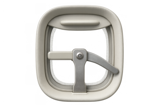 Airplane window with closing mechanism, an opening for viewing during travel and flight, isolated on transparent