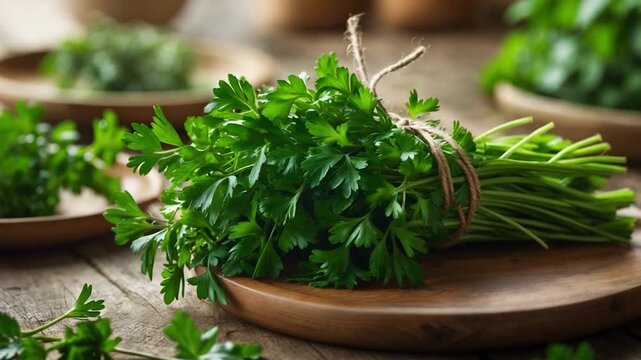 Vibrant green parsley bundle on a rustic wooden plate with soft natural light highlighting the lush leaves and their rich texture surrounded by additional herbs and a warm-toned kitchen environment