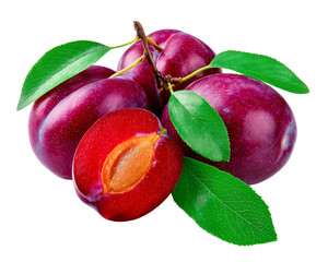 plums with leaves on transparent background