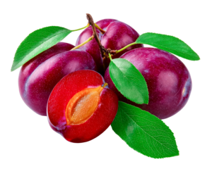 plums with leaves on transparent background