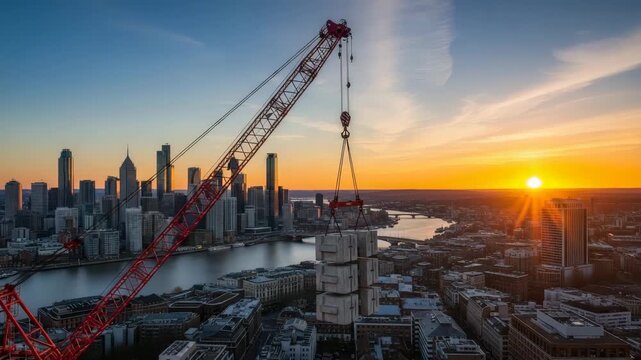 Towering crane lifts concrete blocks over cityscape at golden hour sunset construction progress urban