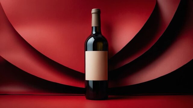 Elegantly arranged dark red wine bottle with blank label against layered red paper backdrop showcasing a smooth texture and soft lighting in a minimalistic studio setting