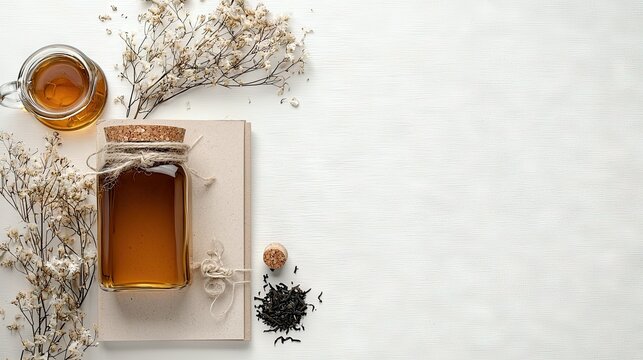 A still life composition featuring a glass jar filled with amber liquid, a cup of tea, dried flowers, and loose tea leaves, arranged on a white surface. - Powered by Adobe