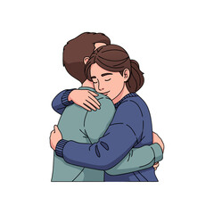 Couple hugging warmly in a loving embrace on white background  