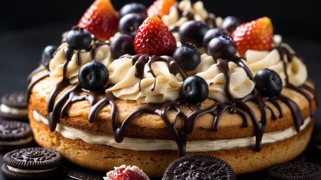 Close-up of a delectable layered cake topped with fresh strawberries and blueberries drizzled with chocolate sauce surrounded by Oreo cookies on a dark textured surface