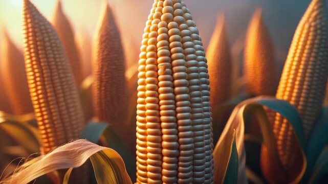 Close-up view of ripe corn plants with golden cobs surrounded by green leaves showcasing intricate textures and details under warm soft light in an agricultural field.