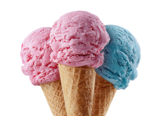 Three colorful ice cream scoops in cones