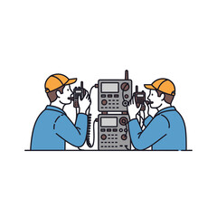 Two technicians communicating with walkie-talkies near radio equipment.