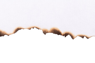 Paper sheet with burnt irregular edge and dark scorch marks along the border, isolated on white...