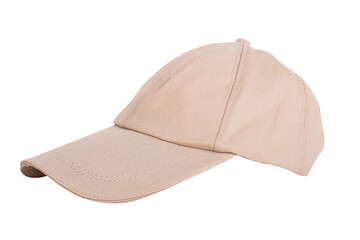 Beige baseball cap with fabric texture and curved brim, casual sports accessory isolated on white background with clipping path.