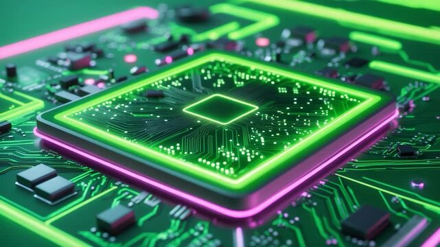 Close-up of a glowing green and pink microchip on a circuit board with intricate textures and patterns showcasing vibrant neon lights and electronic components in a high-tech environment