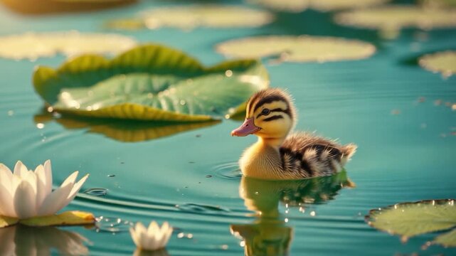 Adorable duckling swimming serenely in clear blue water surrounded by lush green lily pads and delicate white flowers showcasing dynamic ripples and soft natural light