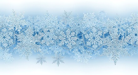 Abstract digital illustration of intricate blue and white snowflakes forming a frosty border or banner design with a subtle gradient effect