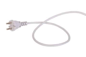 White power plug with long curved cable and clean surface detail, isolated on white background with clipping path.