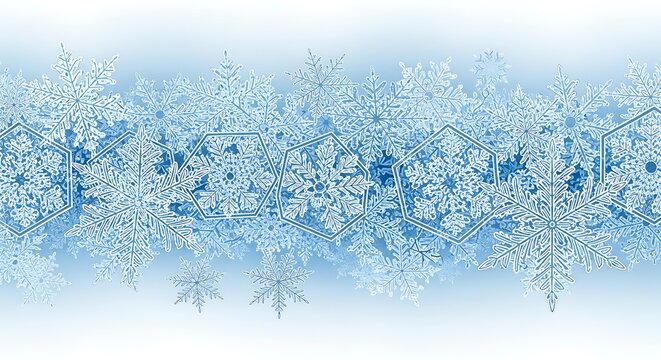 Abstract digital illustration of intricate blue and white snowflakes forming a frosty border or banner design with a subtle gradient effect - Powered by Adobe