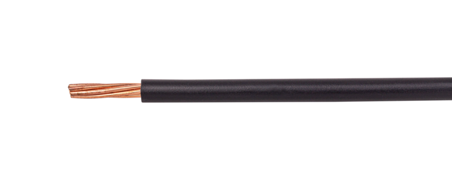 Black electrical wire with exposed copper strands and smooth insulation surface, isolated on white background with clipping path.