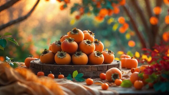 Vibrant display of ripe orange persimmons stacked on a rustic wooden table surrounded by lush green leaves and soft natural light creating a rich autumnal setting