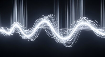 Abstract glowing white light wave particle stream visualization representing sound frequency, data flow, or digital energy pulse against a dark background