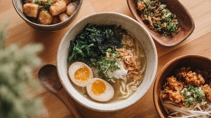 Three bowls of ramen on a wooden table. the first bowl on the left is filled with noodles, meat, and greens, while the second bowl is topped with a hard-boiled egg and a sprinkle of sesame seeds.