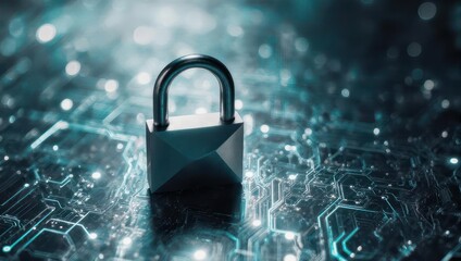 Digital Security Padlock on Futuristic Circuit Board Background.