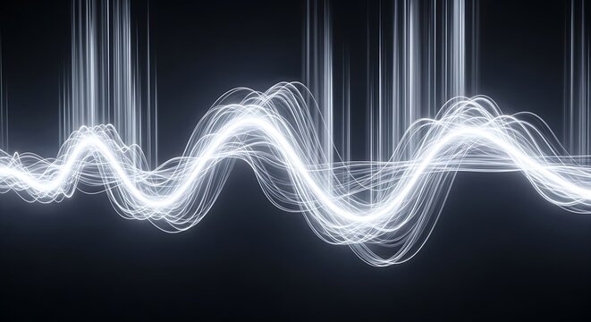 Abstract glowing white light wave particle stream visualization representing sound frequency, data flow, or digital energy pulse against a dark background