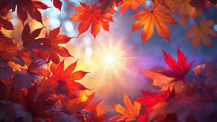 Close-up of vibrant red and orange maple leaves framing a glowing sun at golden hour soft backlighting illuminating autumn foliage in a serene outdoor forest setting