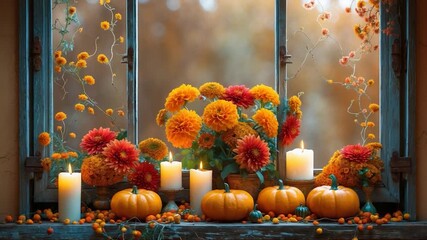 Autumn window display with vibrant orange pumpkins colorful flowers and soft candlelight in a cozy indoor setting featuring a wooden window frame surrounded by warm hues and intricate textures - Powered by Adobe