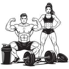 Muscular Bodybuilding Couple Posing Vector Illustration