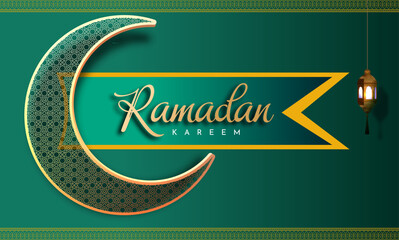 Ramadan Kareem Teal Background with Gold Crescent Moon and Islamic Hanging Lantern. Ramadan Poster Design Vector Illustration. 