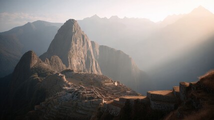 Landscape photograph of the ruins of machu picchu, an ancient incan archaeological site located in the peruvian andes. the photograph is taken from a high vantage point, looking down on the ruins.