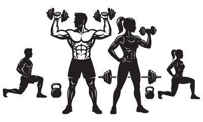 Muscular Fitness Couple and Strength Training Vector Set