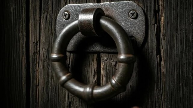 Hand knocking on vintage door ring knocker with moving focus and motion blur animation